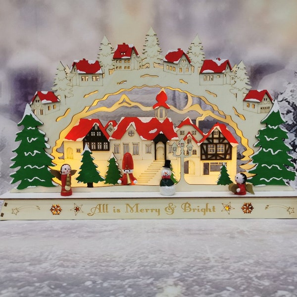 Christmas Arch Schwibbogen Red Houses winter decoration made in Donegal Ireland