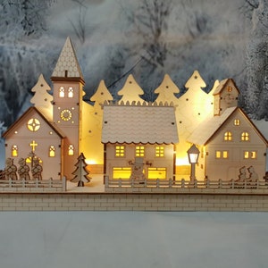 Christmas Village Light up wooden decoration with LED lights made in Ireland