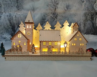 Christmas Village Light up wooden decoration with LED lights made in Ireland