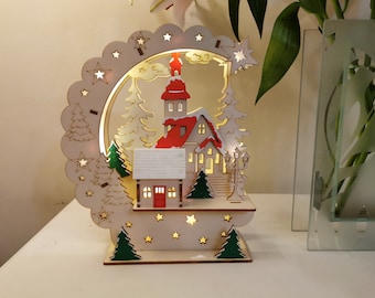 Light Up wooden Christmas Winter Scene decoration made in Ireland