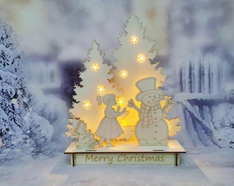 Weihnachtslicht Up Holzszene Mädchen & Schneemann mit Bäumen Winter Holzdekoration