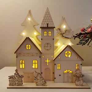 Christmas Light Up wooden Village Church Winter Scene decoration made in Ireland