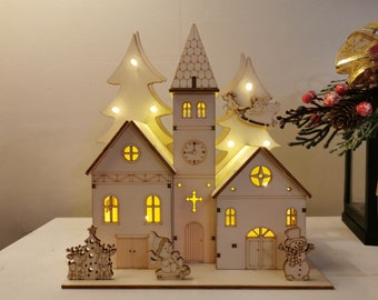 Christmas Light Up wooden Village Church Winter Scene decoration made in Ireland