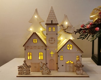 Weihnachtslicht Up Holzdorf Kirche Winterszene Dekoration Made in Irland
