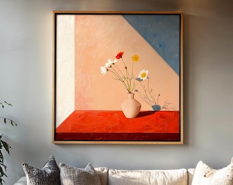 Large Square Modern Floral Wall Art Framed, Mid Century Art Print