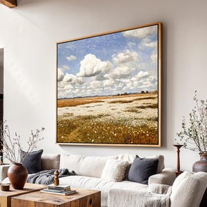 Large Square Vintage Wildflower Landscape Wall Art Framed