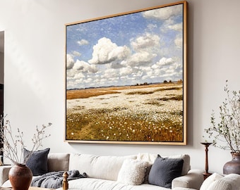 Large Square Vintage Wildflower Landscape Wall Art Framed