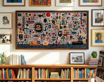 Wide Horizontal Contemporary Colorful Wall Art Framed Canvas, Modern Maximalist Art Print