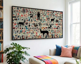 Grande toile d'art murale contemporaine horizontale encadrée, impression d'art maximaliste moderne