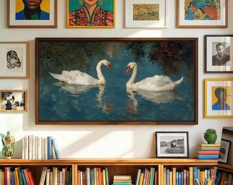 Art mural cygne vintage encadré, impression d'art calme et minimaliste