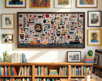 Grande toile d'art murale colorée contemporaine horizontale encadrée, impression d'art maximaliste moderne