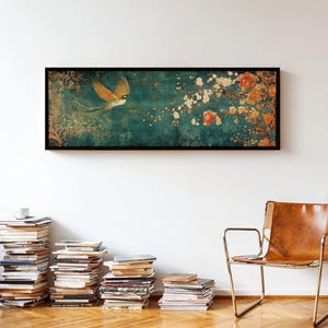 Vintage Japanese Tapestry Wall Art Framed, Bird of Paradise - Horizontal Wall Art - Panoramic Print - Above Bed Decor - Large Wall Art