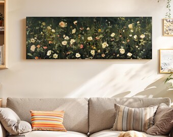 Velvet Green Wildflowers Wall Art Framed, Moody Wall Art, Dark Academia Horizontal Wall Art Print, Dark Floral Print, Above Bed Decor