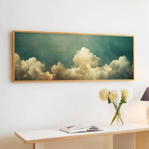 Vintage Moody Cloud Wall Art, Minimalist Moody Wall Art Framed, Horizontal Wall Art, Large Painting Print, Oversized Panoramic Wall Decor,