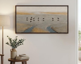 Sand and Grey Shorebird Wall Art, Eight Sandpipers Walking a Tidal Flat at Low Water, Wet Sand Reflections, Coastal Calm