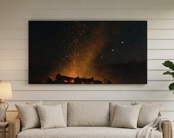 Black and Amber Campfire Wall Art - Sparks Rising From a Night Fire - Cabin and Lodge Art - Horizontal Wall Art
