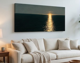 Black and Gold Sunset Seascape Wall Art, Low Sun Over Near Black Water, A Broken Path of Light, Moody Ocean Horizon