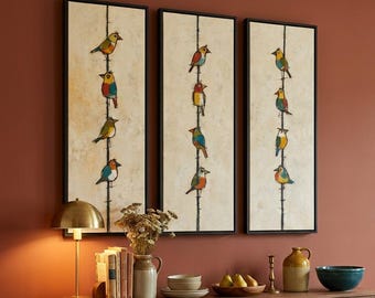 Birds on Wire Set of 3, Modern Tall Wall Art, 12 Folk Birds Perched on Three Vertical Wires, Mustard and Teal Triptych Wall Decor