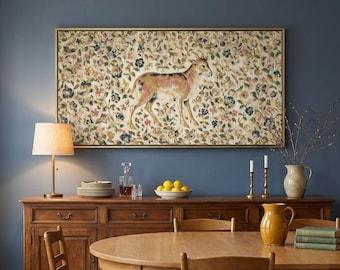 Millefleur Tapestry Wall Art Framed - Faded Woven Fragment with a Single Deer - Horizontal Wall Art - Panoramic Textile Print