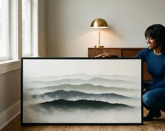 Sage Green Misty Mountain Wall Art Framed, Layered Ridges Fading Into Fog, Spruce Ridge Above a Valley, Calm Tonalist Landscape