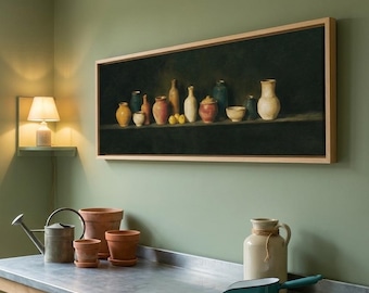 Black and Brown Still Life Wall Art, Twelve Clay Jars and Bottles Lit on a Dark Shelf with Three Quinces, Large Horizontal Wall Art