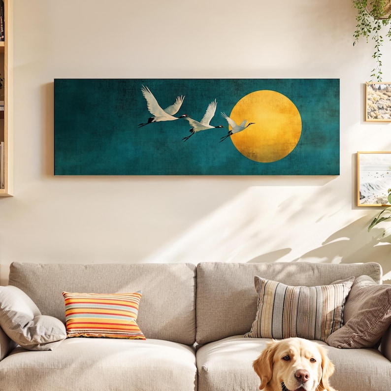 Framed Japanese Crane Wall Art: Japandi Flying Birds Print image 4