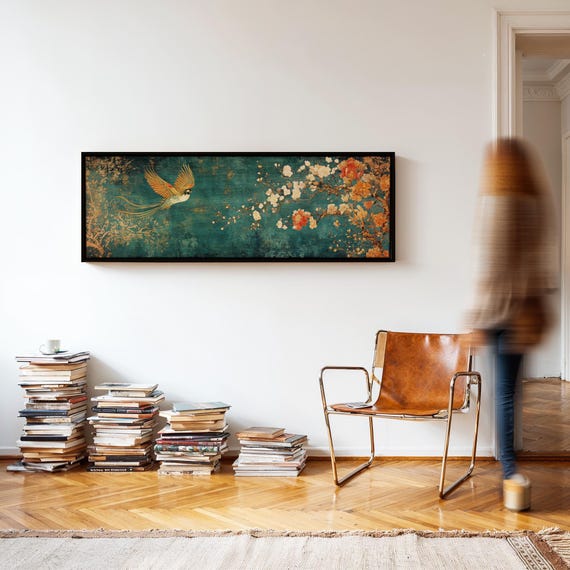 Vintage Japanese Tapestry Wall Art Framed, Bird of Paradise