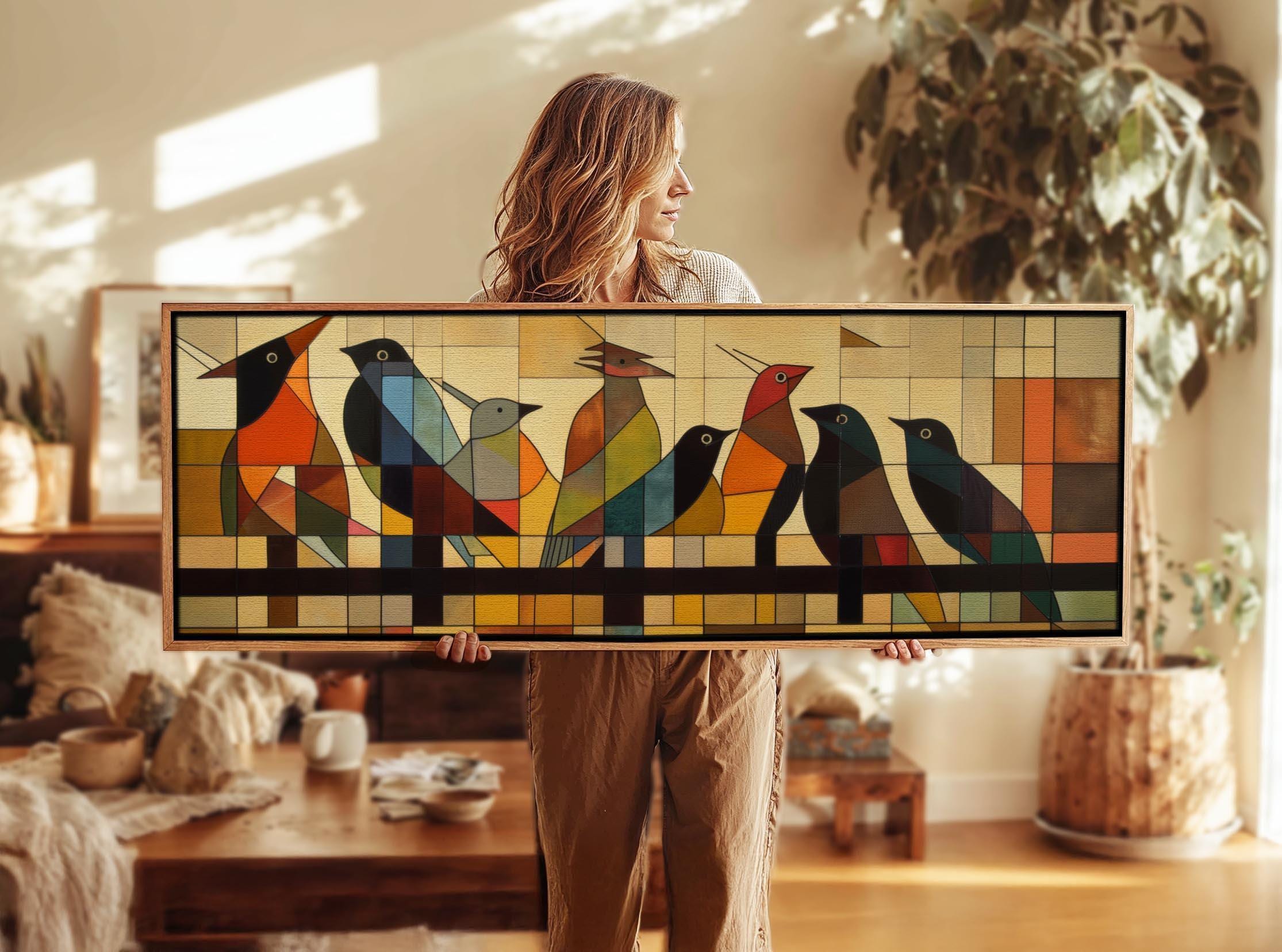 Mid Century Modern Birds on Wire Wall Art Framed, Geometric Modern ...