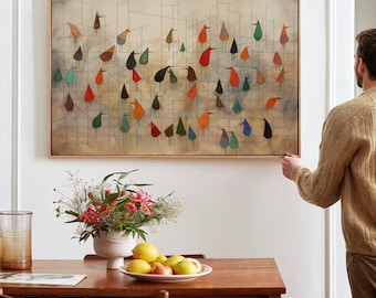 Toile Mid-Century moderne Oiseaux sur toile métallique : Art mural abstrait
