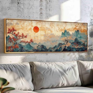 Arazzo giapponese vintage da parete con cornice, stampa artistica da parete in tessuto vintage asiatico, stampa arazzo con paesaggio, decorazione da parete boho, decorazione sopra il letto