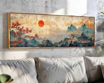 Vintage Japanese Tapestry Wall Art Framed, Asian Vintage Textile Wall Art Print, Landscape Tapestry Print, Boho Wall Decor, Above Bed Decor