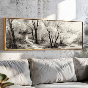 Japanese Landscape Wall Art Framed, Japanese Ink-Drawing Wall Art Print, Horizontal Wall Art, Above Bed/Couch Decor, Vintage Japanese Art