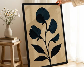 Art mural floral Mid-Century, impression rétro Bauhaus, art Japandi bleu maussade