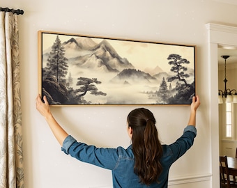 Tapiz japonés vintage con paisaje: Impresión artística asiática enmarcada