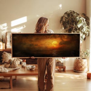 Framed Sunset Ocean Print: Moody Boho Panoramic Wall Art