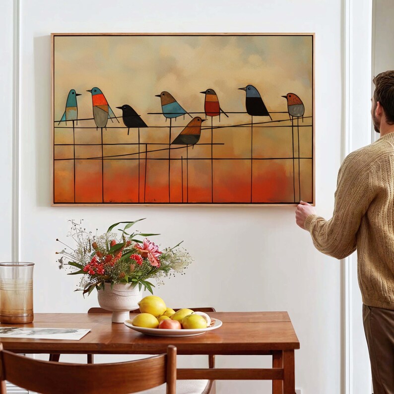 Mid Century Modern Birds on Wire Framed Wall Art Print - Etsy