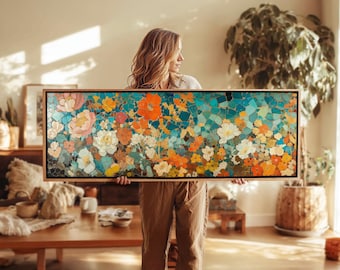 Panoramic Wildflower Framed Wall Art - Modern Floral Oil Painting Print - Horizontal Landscape Canvas - Horizontal Wall Art - Large Wall Art