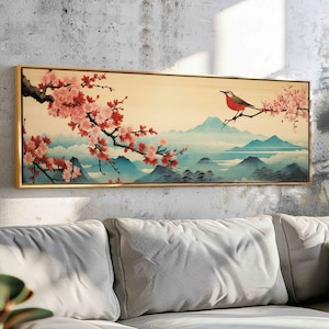 Cherry Blossom Wall Art, Horizontal Japanese Wall Art, Panoramic Japanese Landscape Print, Large Vintage Wall Art, Above Bed/Sofa Decor