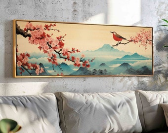 Cherry Blossom Wall Art, Horizontal Japanese Wall Art, Panoramic Japanese Landscape Print, Large Vintage Wall Art, Above Bed/Sofa Decor