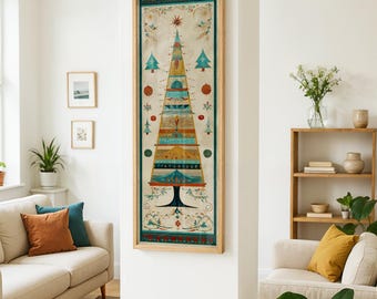 Framed Christmas Tree Wall Art: Tall Narrow Boho Holiday Decor