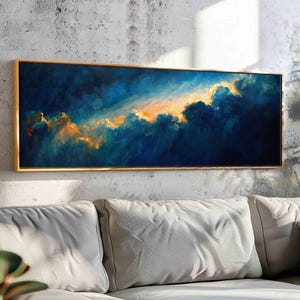 Vintage Moody Cloud Wall Art, Minimalist Moody Wall Art Framed, Horizontal Wall Art, Large Painting Print, Oversized Panoramic Wall Decor,