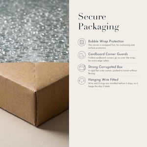 How it is packed: the canvas is bubble wrapped first, folded cardboard guards go over the corners, and it travels in a rigid flat carton with the hanging wire already fitted.