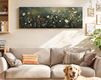 Velvet Green Vintage Wildflower Wall Art Framed Wildflower, Panoramic Dark Academia Print