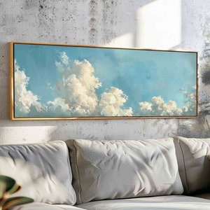 Vintage Clouds Wall Art Framed, Sky Blue Cloud Horizontal Wall Art, Calm Wall Art, Panoramic Above Bed Decor, Dining Room Decor,