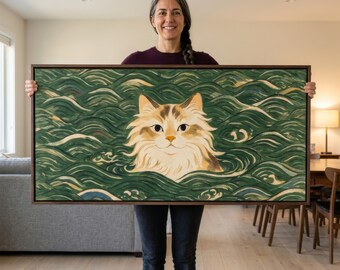 Cat Rising From Deep Green Waves, Whimsical Folk Wall Art Framed, Long Horizontal Wall Decor