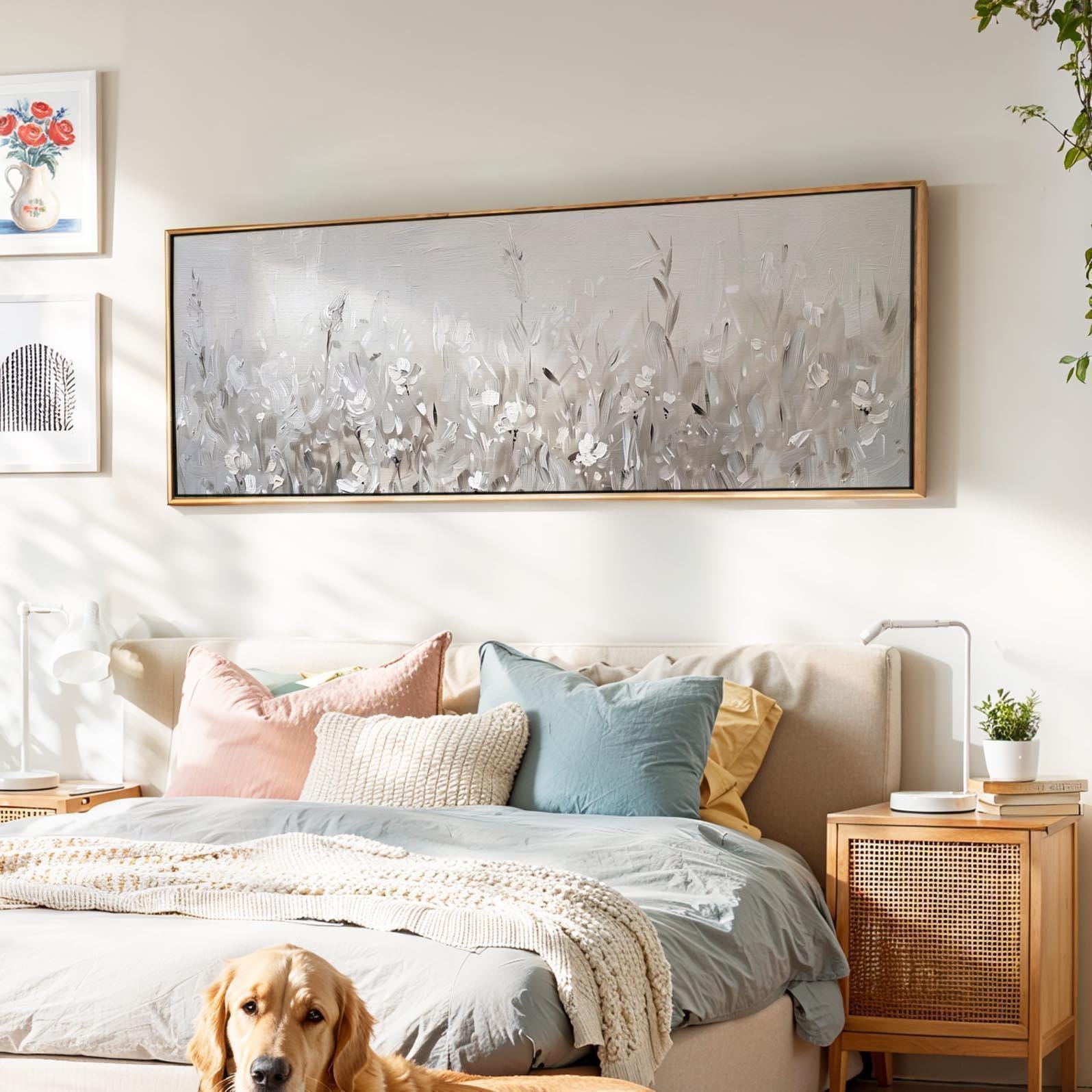 白い花の額入りキャンバス：ミニマリストの抽象的な花の絵画 - Etsy 日本