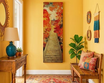 Tall Narrow Japanese Wall Art Framed, Autumn Landscape Print, Japandi & Zen Staircase Wall Decor