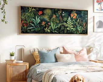 Framed Botanical Wall Art: Horizontal Floral Print, Large Panoramic Decor