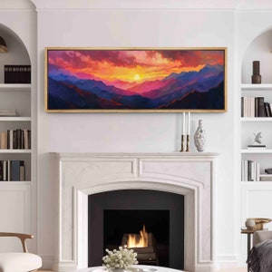 Sunset over the Purple Mountains, Minimal Horizontal Landscape Wall Art Framed, Moody Panoramic Print, Vintage Painting Print, Boho Wall Art image 3