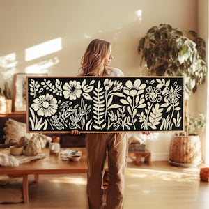 Lámina floral en blanco y negro enmarcada: Arte mural botánico minimalista - Arte mural horizontal - Lámina panorámica - Decoración para encima de la cama - Arte mural de gran formato